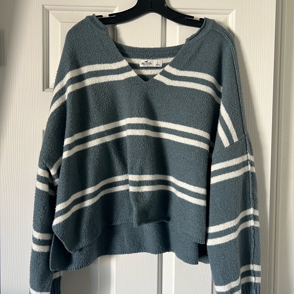 Hollister Blue and White V-Neck Sweater